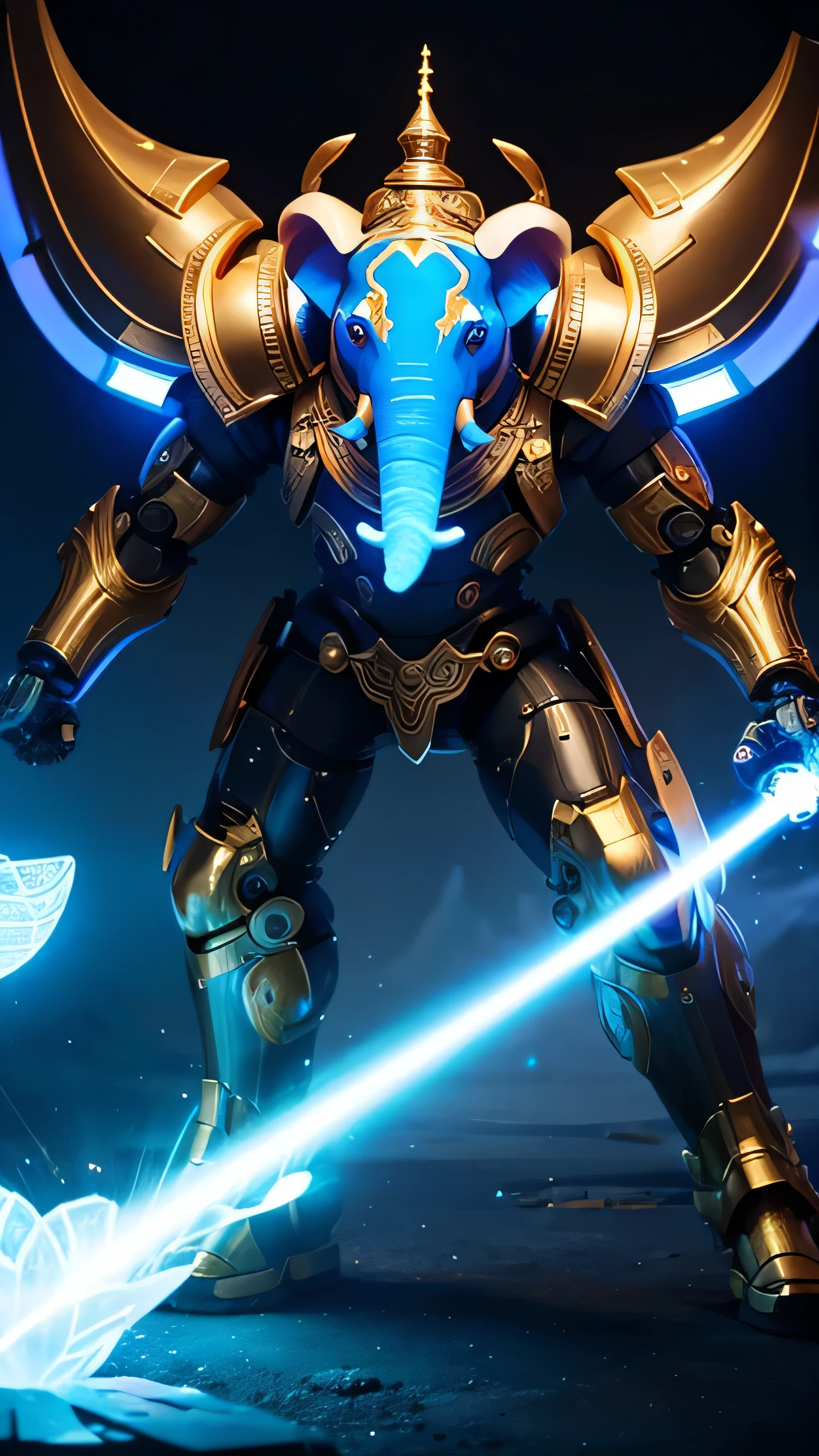 **Prompt:** Create an ultra-realistic depiction of a cyborg Ganesha, maintaining his iconic elephant-headed features while integrating advanced technological elements. **Appearance:** Ganesha's traditional elephant head is reimagined with cybernetic enhancements. His trunk and tusks are composed of sleek, metallic components with glowing energy lines running through them. His eyes are illuminated with a soft, blue LED glow, giving him a futuristic, yet serene expression. **Attire:** Instead of traditional garments, Ganesha is adorned with armor-like plating, intricately designed with both traditional Hindu patterns and advanced technology. The armor is a blend of gold and silver alloys, with integrated circuits and energy conduits that pulse with light. **Arms and Objects:** Ganesha's four arms are robotic, with flexible joints and mechanical precision. Each hand holds a futuristic version of his traditional items: a lotus flower with petals made of energy, a battle axe with a laser edge, a bowl of floating nanobots resembling sweets, and a gesture of blessing with a holographic aura. **Background:** The setting is a fusion of a traditional temple and a high-tech control room, with digital screens and ancient carvings coexisting in harmony. The environment glows with a mixture of spiritual energy and technological advancements, symbolizing the perfect balance of tradition and innovation.