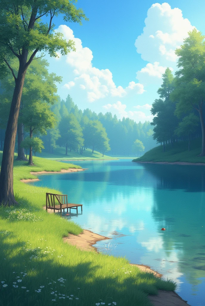 Lakeside bathed in soft sunlight、I can see the forest on the other side of the lake、A quiet and deserted lake、In an open area、The lake is inspired by the home of Lancelot from Arthurian legend.、A lake that feels almost mystical、There are no trees in front、The lake shore is made of soft grass and soil.、A little anime-like drawing、The foreground is open、There is nothing blocking the view in the foreground、
