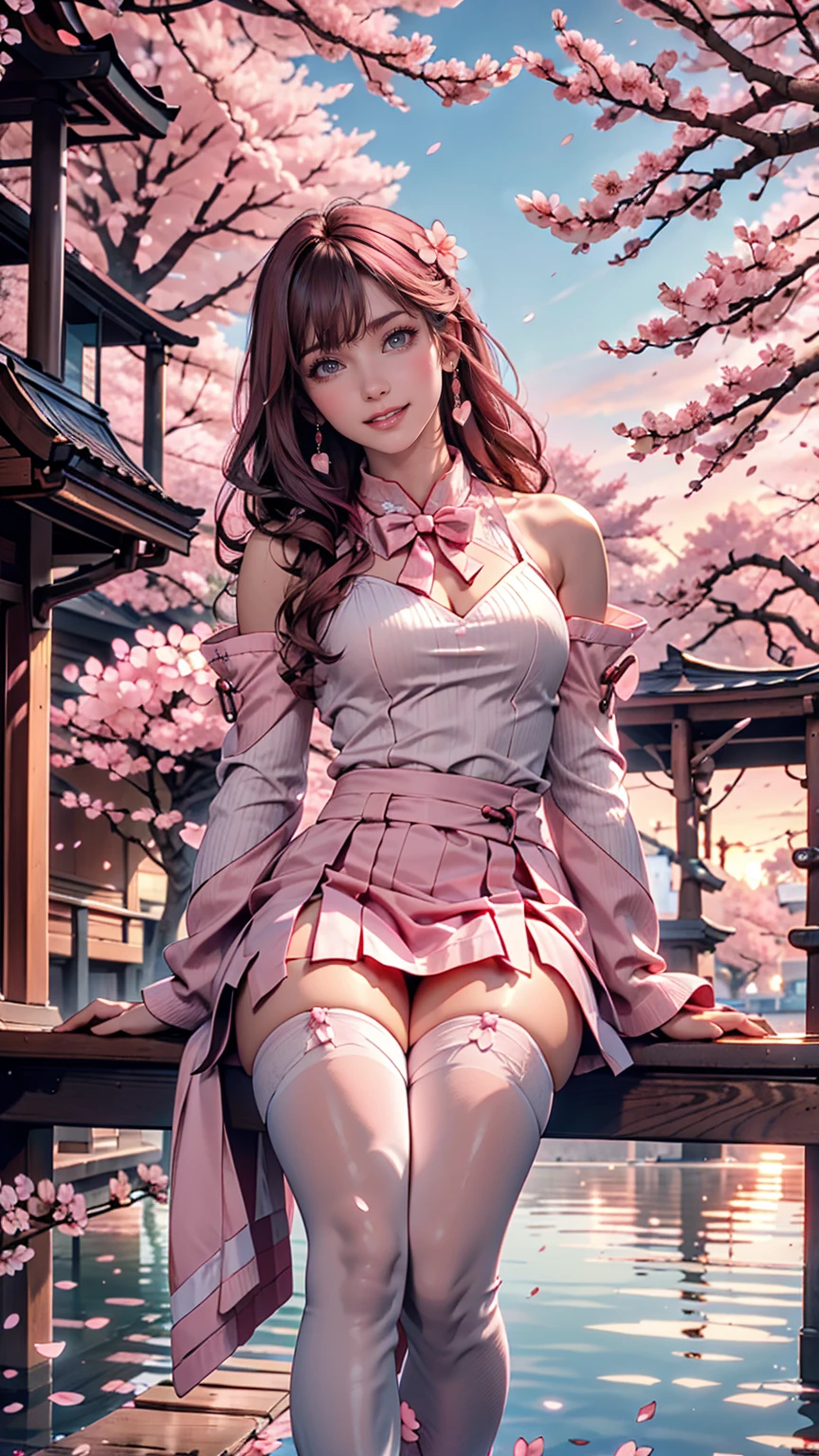 Sakura, Upper Body, smile, blush, Sitting, ((cherry blossoms)), ((Pink sleeves)), Pink Tone, ((Pink Stockings)), Pink Sky, sunset, lake, reflection