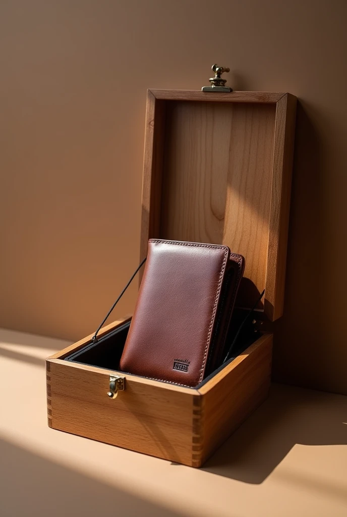 Make a poster in customized men's wallet with wodden box.