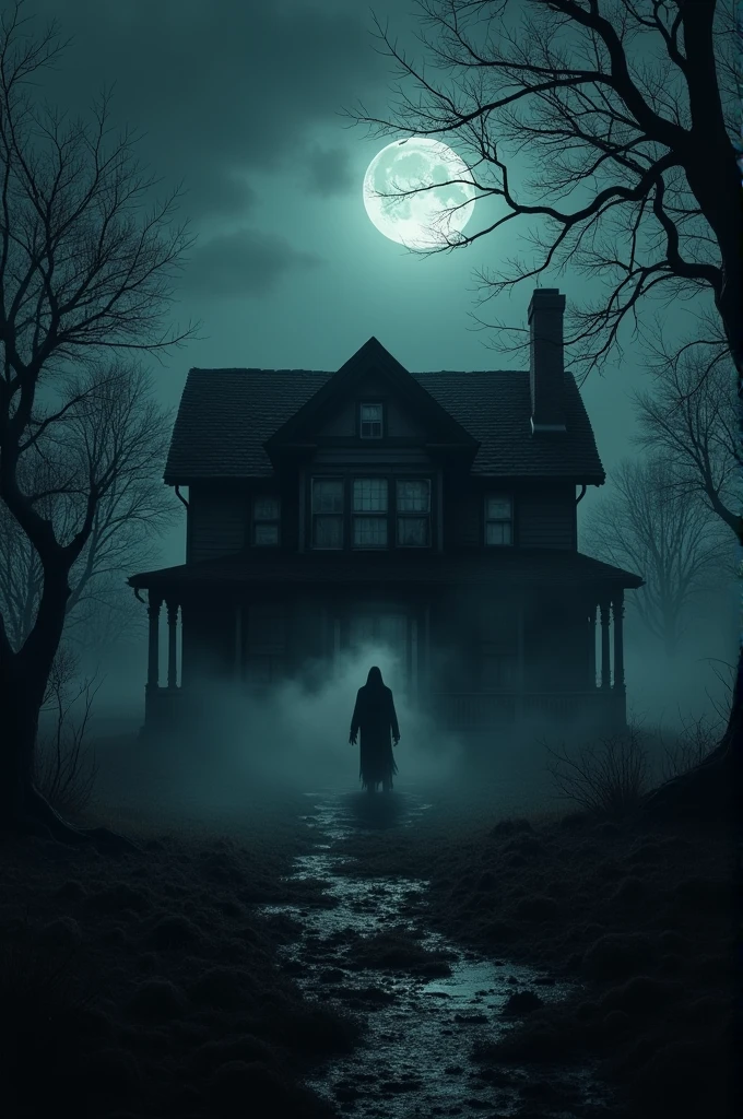 An old haunted bungalow A dark night A shadow of a ghost