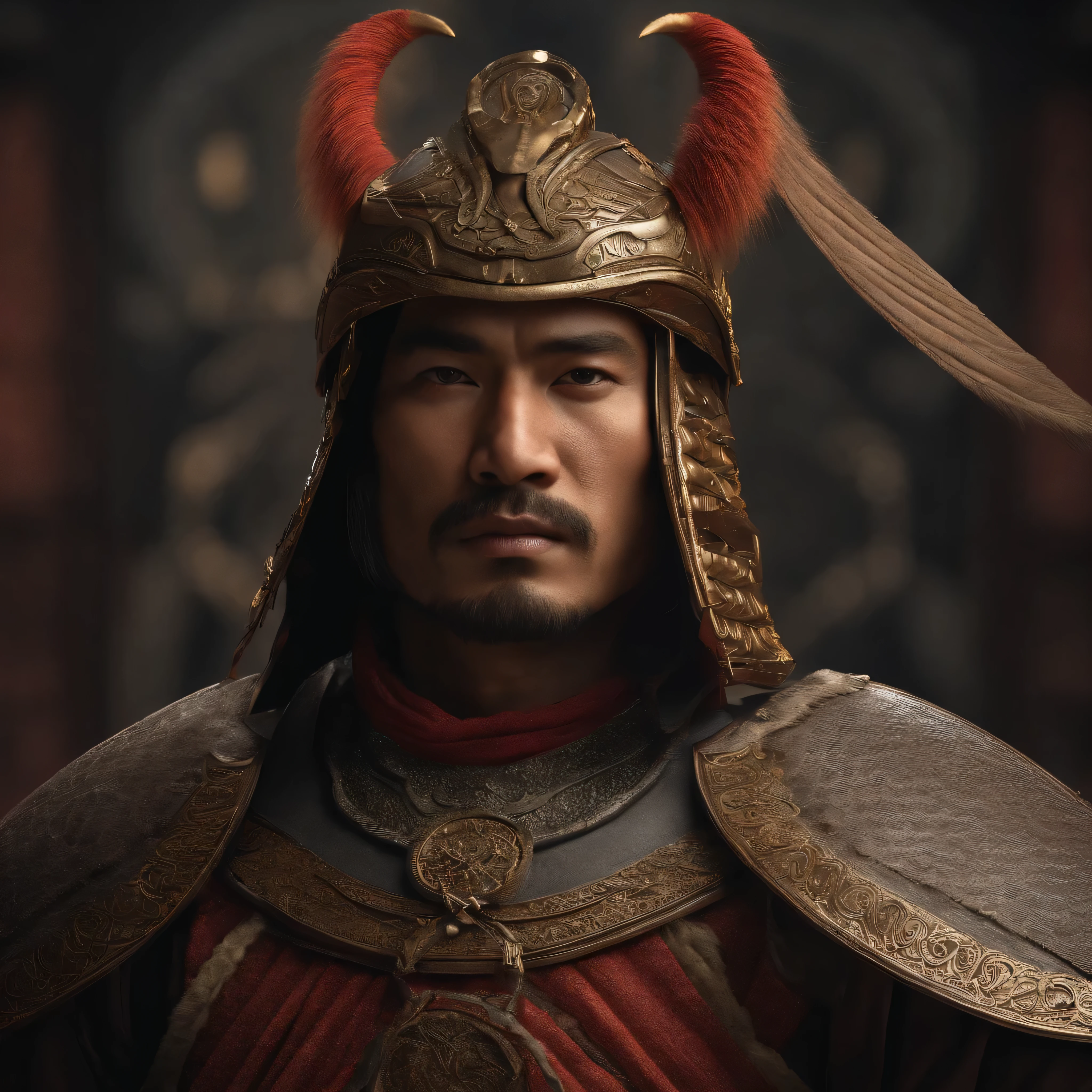 man in samurai armor with fur around the neck and waist, wearing devil helmet, dusty detail ornaments, battle weary, man warrior, armor, epic, face scar, dnd character portrait, intricate, 8k resolution, dynamic lighting, hyperdetailed, unreal 5, volumetric lighting, alphonse mucha, pre-raphaelite, detailed background, mandala, detailed face, detailed eyes, neon eyes