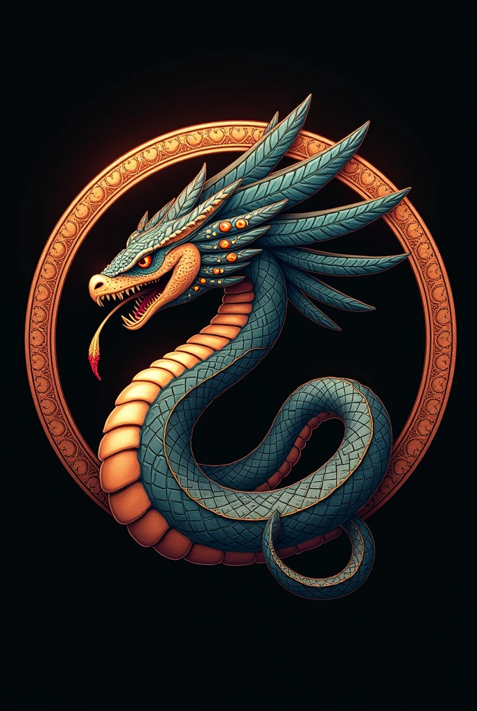 Create a logo in the shape of an ouroboro eating its tail, IN THE SHAPE OF A CIRCLE, like Quetzalcoatl the feathered serpent and who has a necklace of owl eyes like fire.
