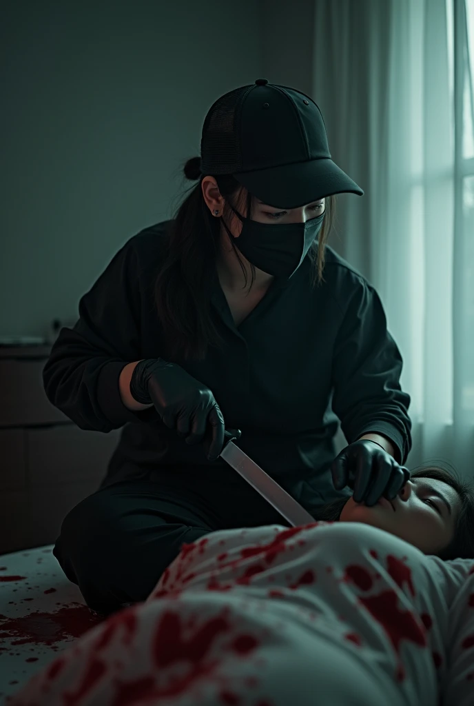 korean girl, (behind corpse, holding knife), black surgical mask, black gloves, room full of blood, black raincoat, trucker hat, holding knife, black gloves, woman on top, behind corpse, blood splatter, on the bed, mass murderer, killer, pony tail, blood splatter, dark atmosphere, cinematic lighting, atmospheric realistic, light from the window, close-up,