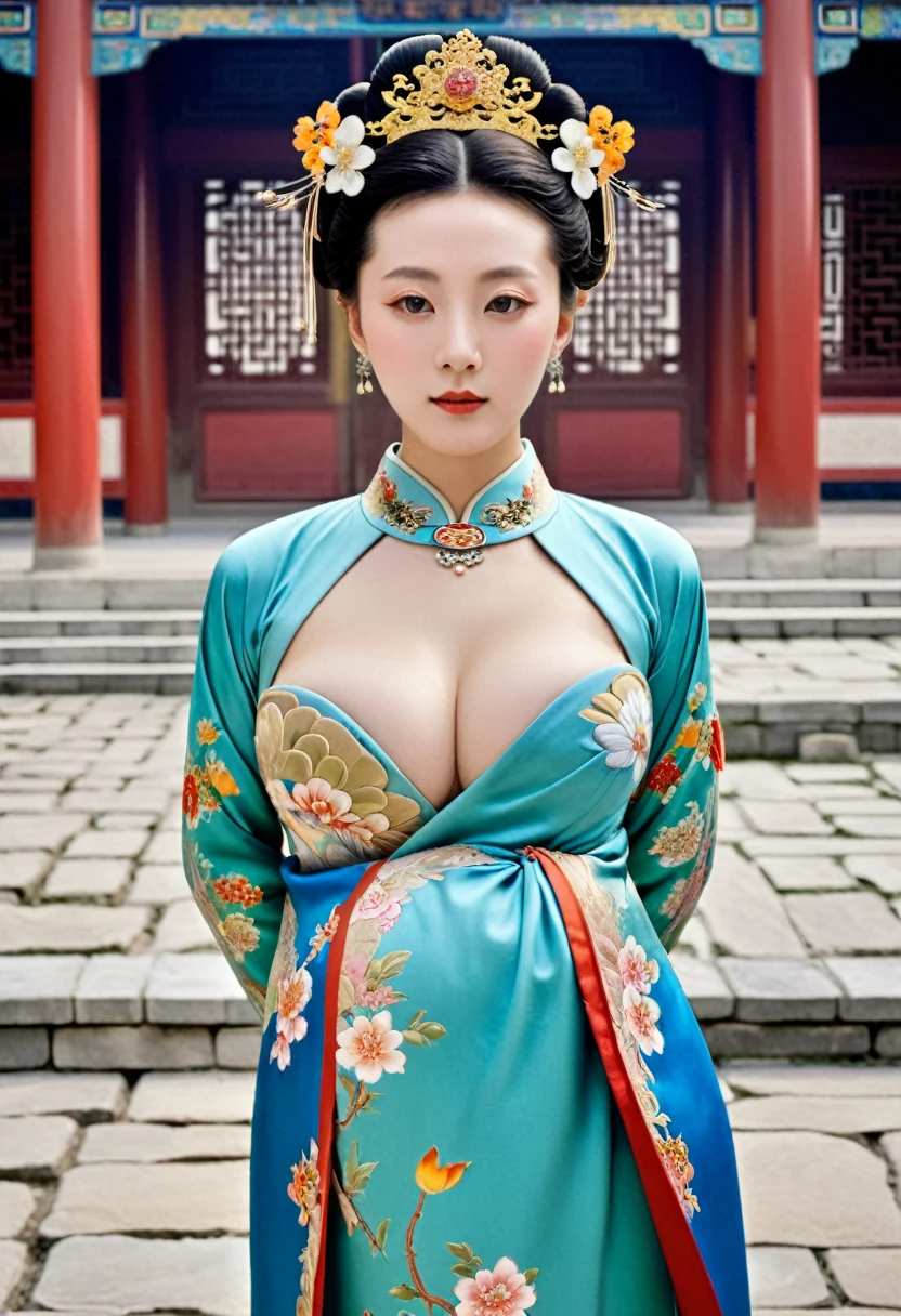 Front view of a Qing Dynasty empress in a Chinese palace during the Qing Dynasty. She is naked and has large breasts. She is wearing a crown and a flower hairpin.、. The background is the stone paving of a Chinese palace during the Qing Dynasty..