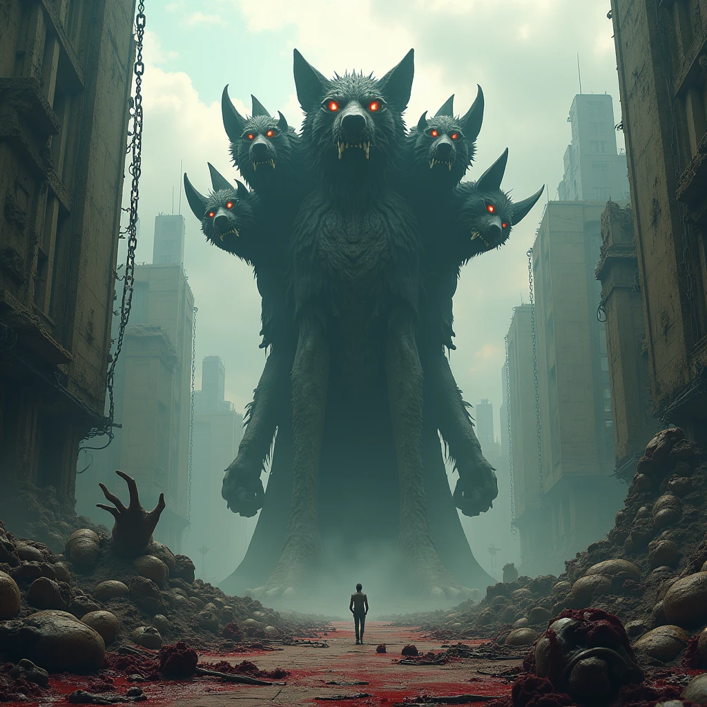 Destroyed buildings, 5 headed wolf statue, lots of blood on the floor, devilish expression, lots of chains and skulls with blood 