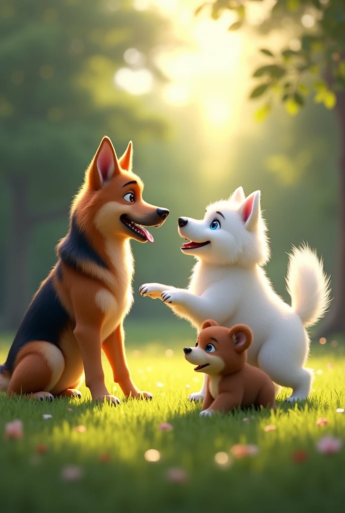 German shepherd dog and white Samoyed blue eyes dog s and the  bear brown colour cub play together in a grassy clearing. German shepherd dog playfully nudges the cub white Samoyed blue eyes dog wags her tail, and the cub looks joyful and walk  around. 