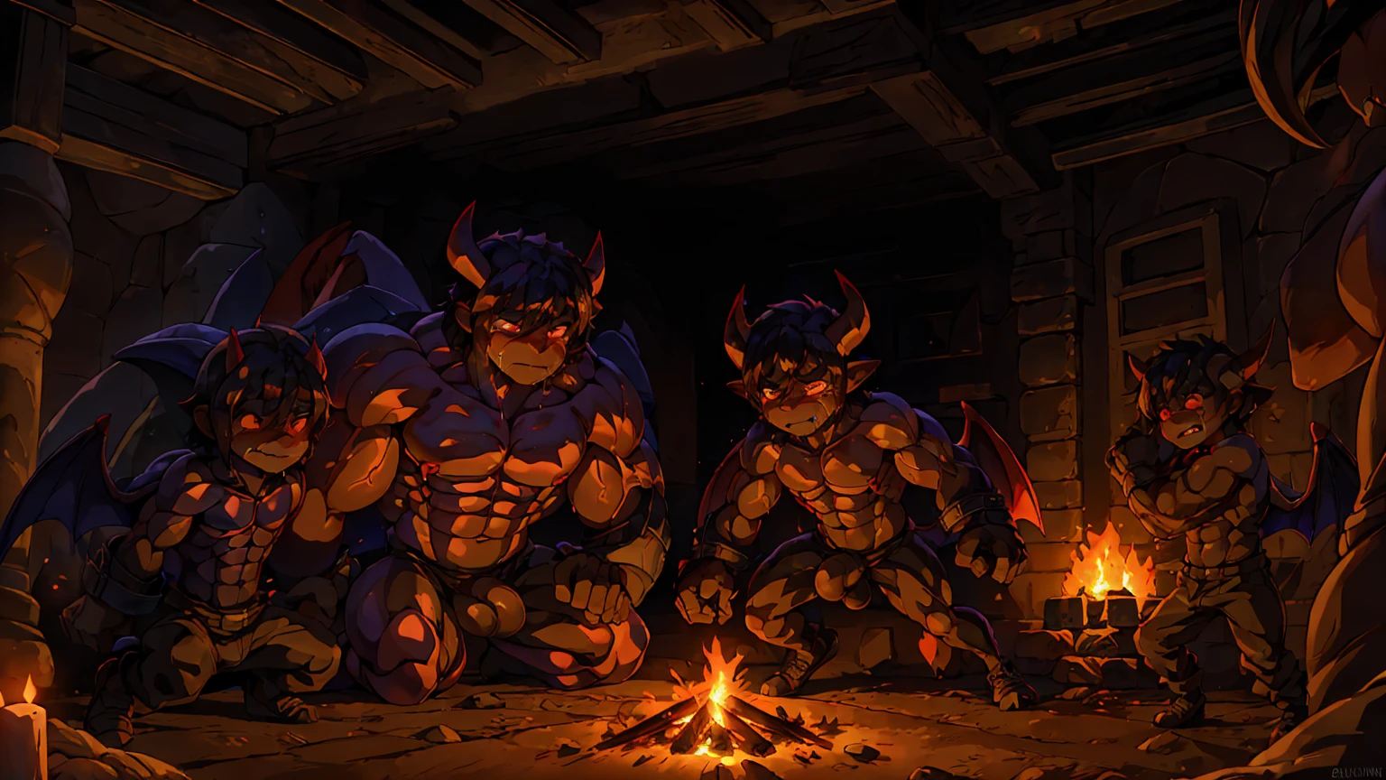 (((8-year-old boy))),Huge muscles,Huge penis,3boys,Crying and enduring the pain,Lots of drool and sweat,Demon body and large wings,Giant horns,Illuminated by a bonfire in a dimly lit cave,Dance the night away with lots of cool goblins