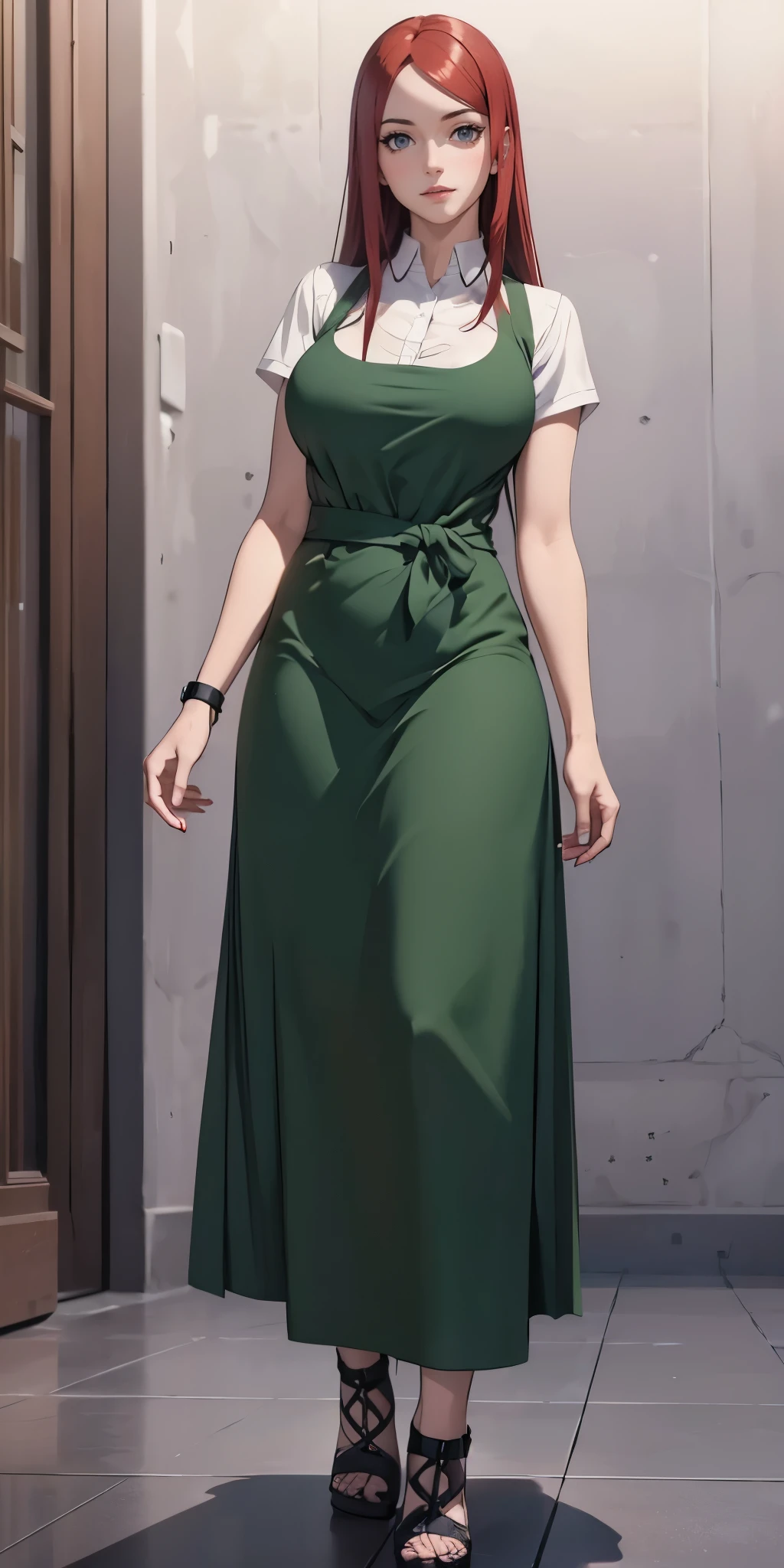 ((1girl, solo)), (large breasts:1.5), beautiful body, (perfect anatomy, perfect body, perfect hands, perfect legs), nice hands, natural proportions, sexy body, standing, full body BREAK
((extremely detailed face)), purple eyes, (beautiful detailed eyes:1.6), (realistic pupils, realistic iris:1), expressive eyes, looking at viewer, (clear eyes:1.3), (hyperrealistic:1.2), (detailed skin texture:1.2), smooth skin, (red hair:1.5), long hair, (detailed lips:1.2), (attractive lips:1.1), (glossy lips:1.1), smile, perfect face, perfect eyes BREAK
(white shirt:1.3), collared shirt, (partially unbuttoned:1.3), bra peek, short sleeves, green apron, black footwear, (high heels:1.2) BREAK
indoors, tiled floor BREAK
(masterpiece:1.5), anime-style, top quality, best quality, (beautiful and aesthetic:1.2), (ultra detail:1.5), Ultra-detailed depiction, Ultra-precise depiction, extremely detailed 8k illustration, high resolution, (highly detailed shading:1.2), (realistic lighting:1.4), perfect lighting, vibrant colors, dynamic tones, striking hues, 8k, absurd resolution, perfect shadows, hdr, UHD, ambient lighting, realistic, ultra-realistic, photo realistic, highly detailed, rich detail, luminous colors, fine texture, intricate design, professional illustration, (soft light:1.2), (illustration:0.7)