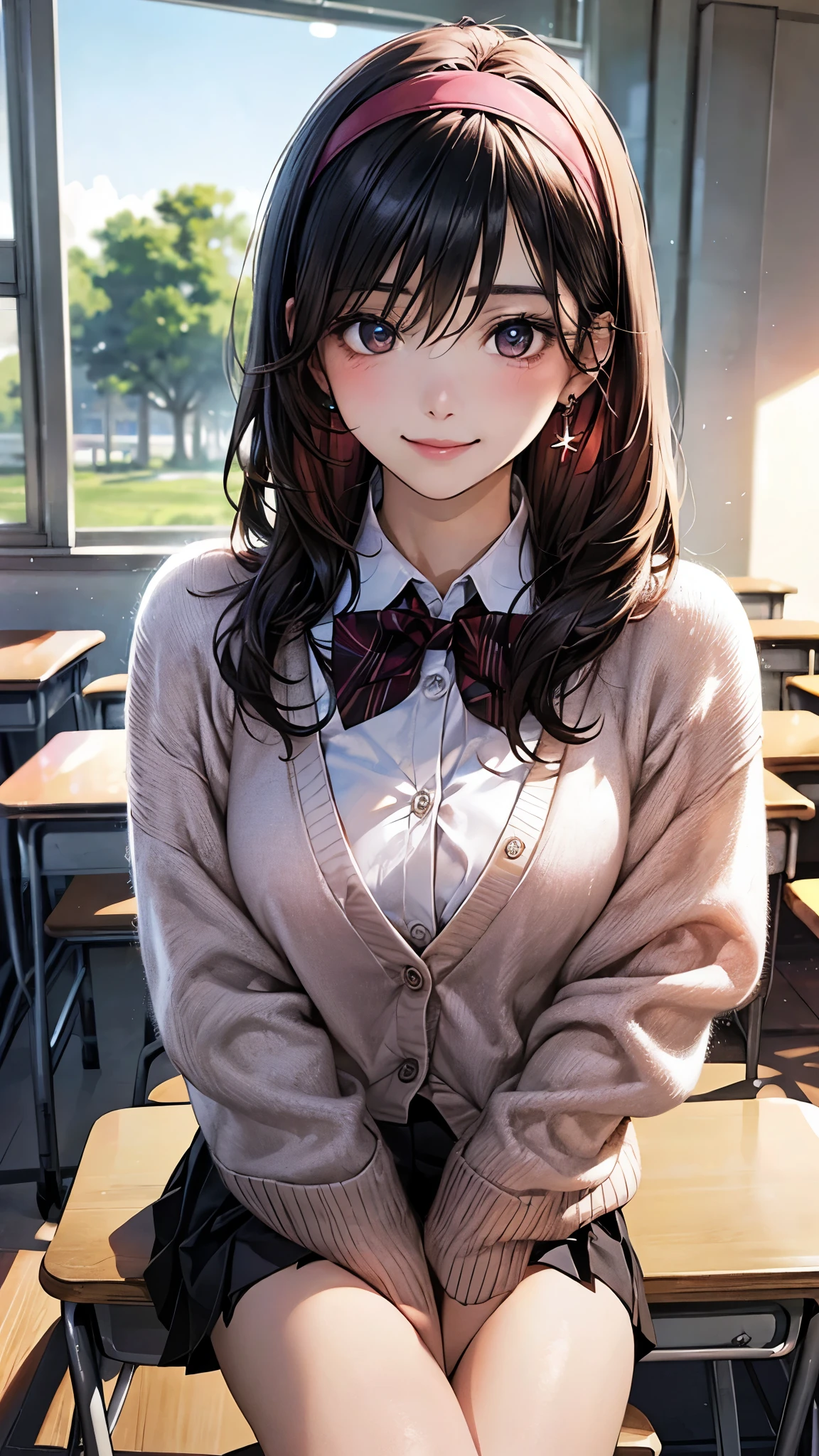 (masterpiece:1.2, highest quality), (realistic photo:1.4), beautiful illustrations, (natural side lighting, movie lighting), 
looking at the viewer, (((pov across table))), 1 girl, japanese, high school girl, perfect face, cute symmetrical face, shiny skin, baby face, 
(long hair, straight hair, black hair), hair between eyes, maroon eye idol chest, seductive thighs, big ass), earrings, break (dark red hairband, dark red flat bow tie), break
beautiful hair, beautiful face, detailed and beautiful eyes, beautiful clavicle, beautiful body, beautiful breasts, beautiful thighs, beautiful feet, beautiful fingers, slender, 
(white collared shirt, long sleeve pink knit cardigan, black pleated mini skirt, ), 
(beautiful scenery), evening, (school classroom:1.2), (school desk, elbows on table), (cute smile, upper eye), 