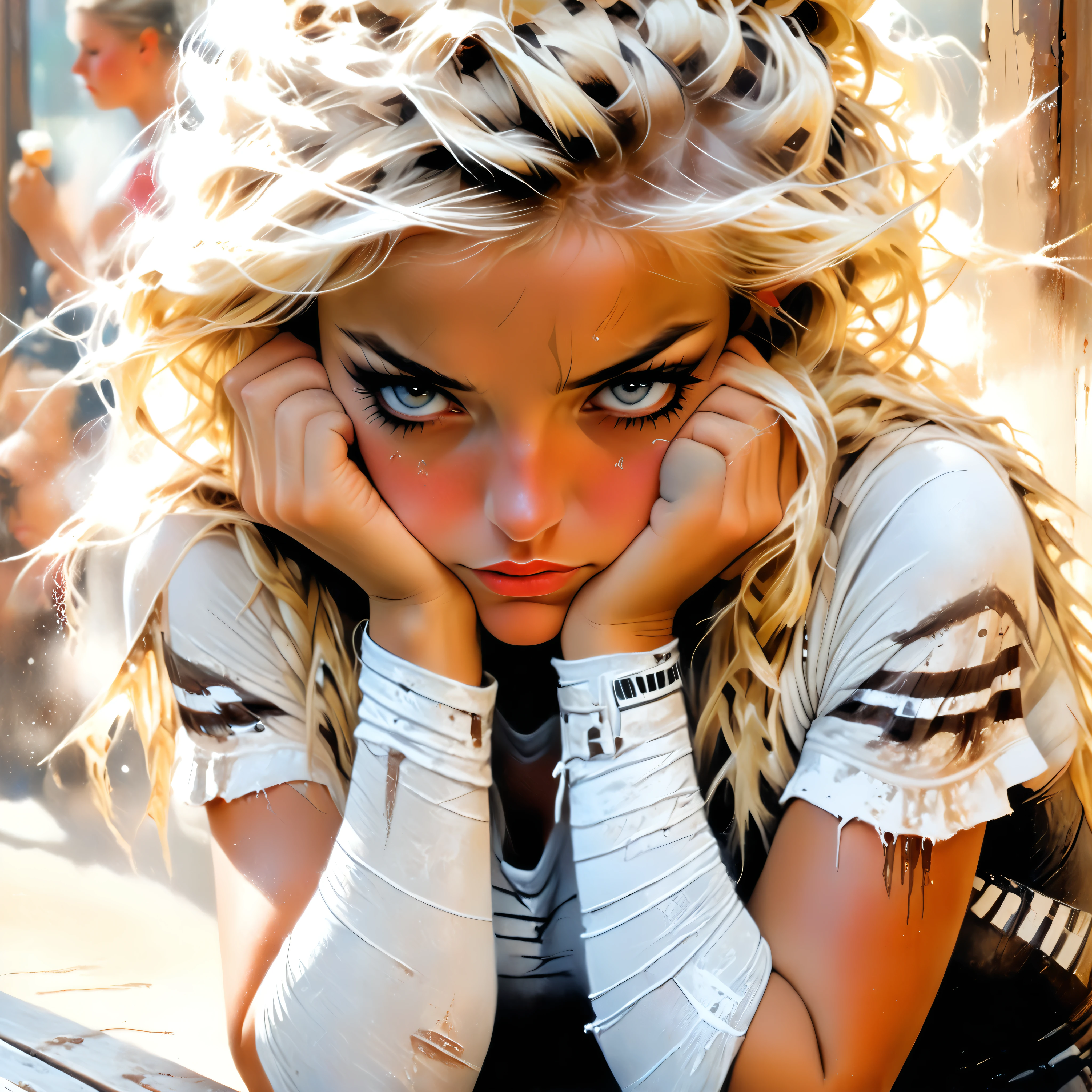 close-up streetwise blonde, white girl suntanned face with white pain stripes down from her eyes and war paint, dusty atmosphere, coffee shop window casings background, ultra detailed photographic realism oil art style, her arms crossed face and arms resting on table, ruff face, weary expression in her eyes,