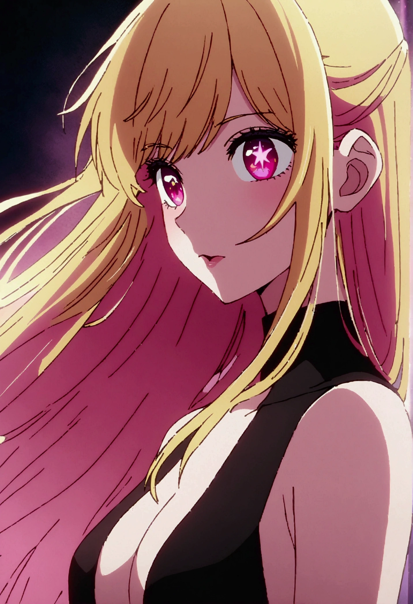 hoshinoruby, star-shaped pupils, black-shaped pupils,ruby_hoshino, blonde hair, bangs, 1girl, pink eyes, long hair, backless,