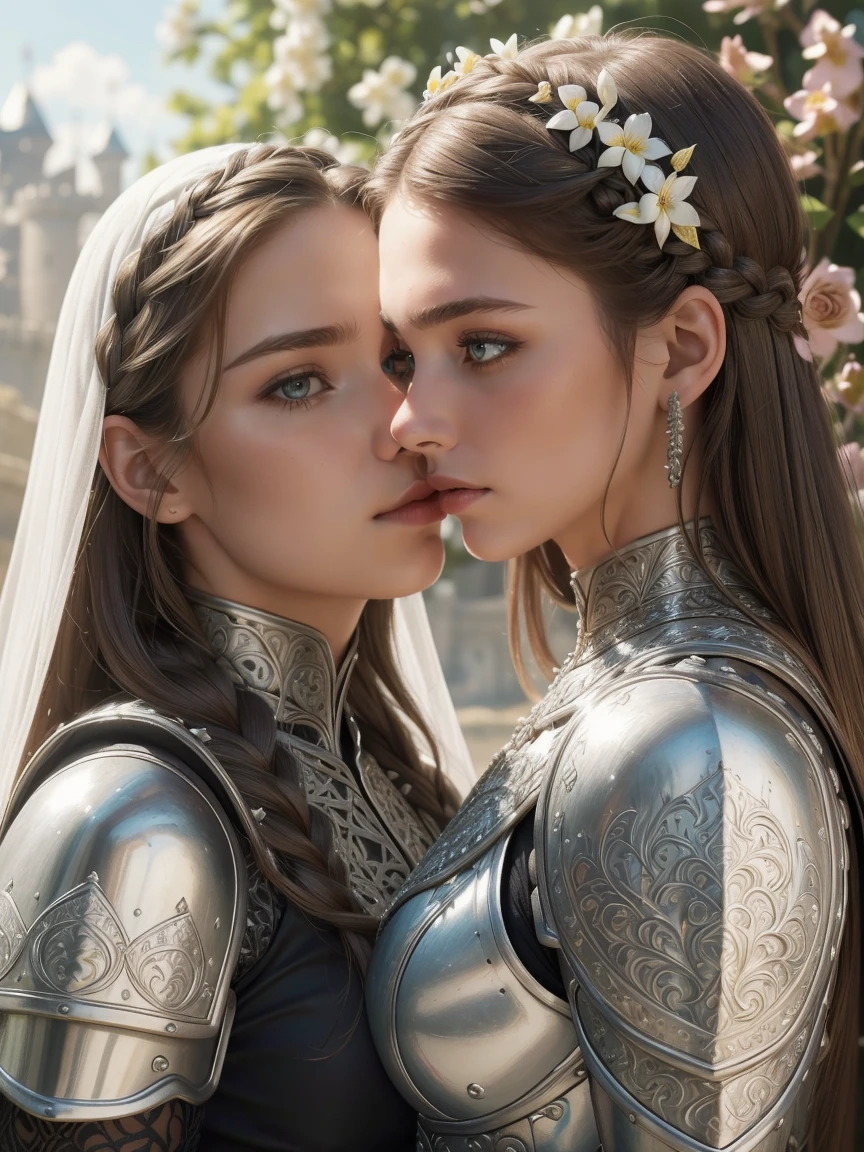 (masterpiece, best quality),(extremely intricate:1.3), (realistic), (two gorgeous and stunning girls are deeply in love with each other, kiss:1.3), 18 year old, caucasian, green eyes, perfect eyes, perfect iris, perfect pupils, perfect lips,perfect nose, perfect hands, very detailed hands, perfect fingers, black hair, short hair, straight hair, small braid in her hair, (medieval armor), metal reflections, (((white armor,))) outdoors, far away castle, (ornately decorated armor), (insanely detailed, bloom:1.5), chainmail, intense sunlight, professional photograph of a stunning woman detailed, sharp focus, award winning, cinematic lighting, blurry background, upper body, ((confident)), (Pose:looking at the camera)