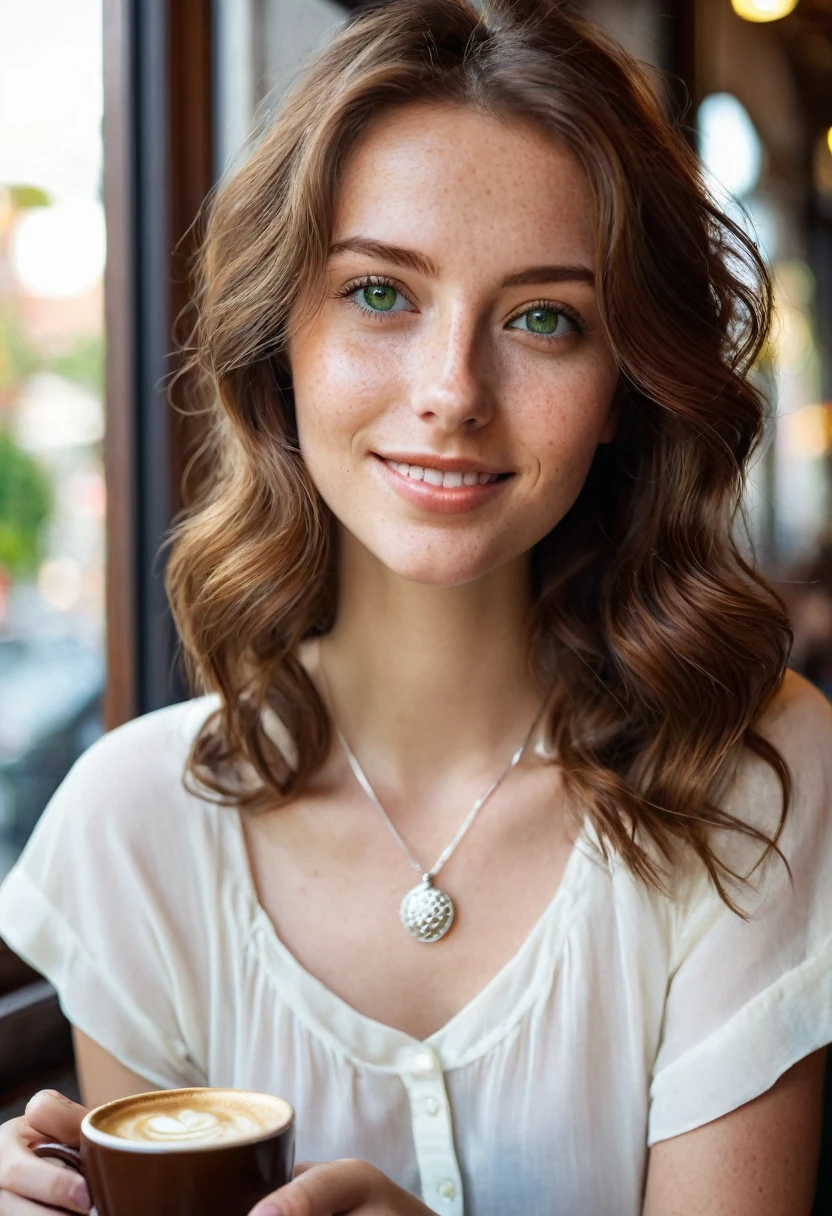 A stunning 24-year-old woman with deep green eyes and chestnut brown hair that falls in soft waves. She is sitting at a cozy café by the window, wearing a casual yet stylish outfit of fitted jeans and a white blouse. The natural light illuminates her fair, freckled complexion, emphasizing her delicate features and warm smile. Her simple silver necklace with a small pendant glints subtly as she enjoys a cup of coffee, with the urban scenery softly blurred in the background.