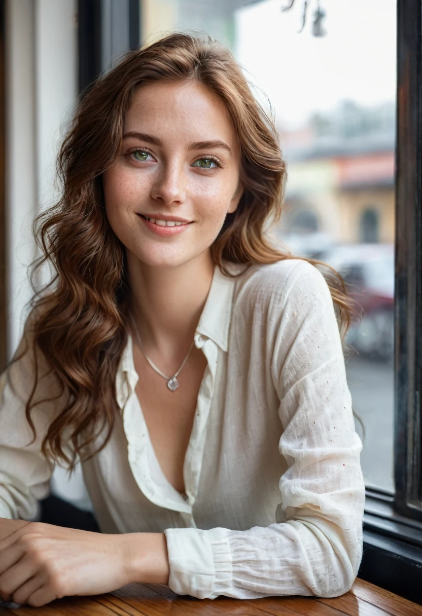 A stunning 24-year-old woman with deep green eyes and chestnut brown hair that falls in soft waves. She is sitting at a cozy café by the window, wearing a casual yet stylish outfit of fitted jeans and a white blouse. The natural light illuminates her fair, freckled complexion, emphasizing her delicate features and warm smile. Her simple silver necklace with a small pendant glints subtly as she enjoys a cup of coffee, with the urban scenery softly blurred in the background.