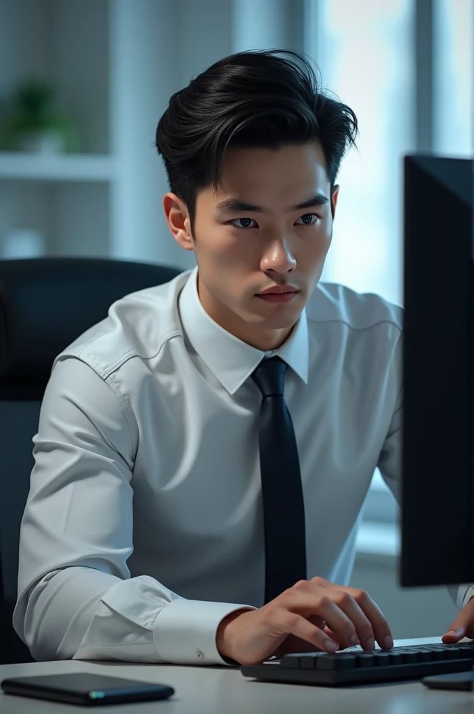 Guy operating computer, handsome face, blue eyes, black hairs, thin lips, white shirt, black pant, black tie, folded hand sleeves, folded pand sleeves, wearing black sneakers,