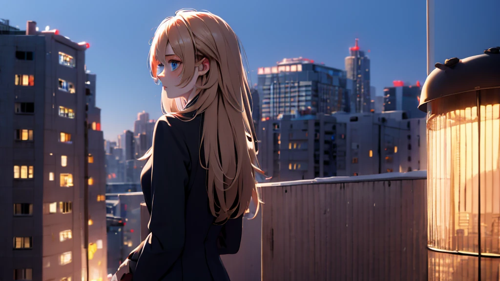 1 girl, medium light gold hair, light blue eyes, wearing black suit, city, absurdres, high res, ultrasharp, 8K, masterpiece, looking from behind