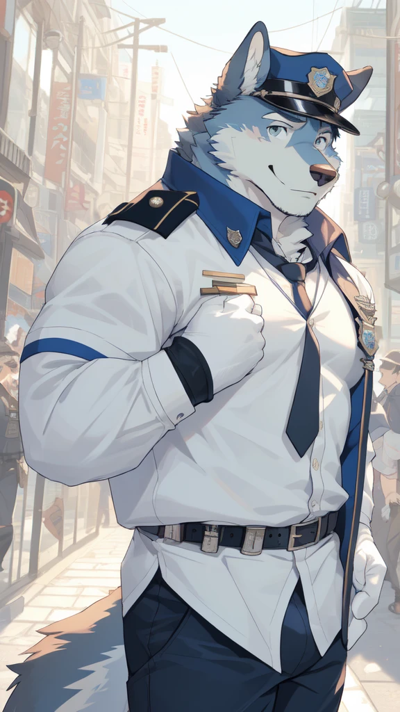 barrel(live a hero), (soft shading), 4k, hi res, ((detailed face, detailed eyes, detailed)), (full body), by zackarry911, by zaush, (by personalami:0.5), mature male, bara, muscular male, muscular, (pose), tokyo \(city\), street,solo, looking at viewer, smile, shirt, gloves, 1boy, hat, weapon, male focus, cowboy shot, black gloves, pants, fingerless gloves, uniform, feet out of frame, bulge, blue pants, police, police uniform, (police hat), (tail), wolf tail, police station