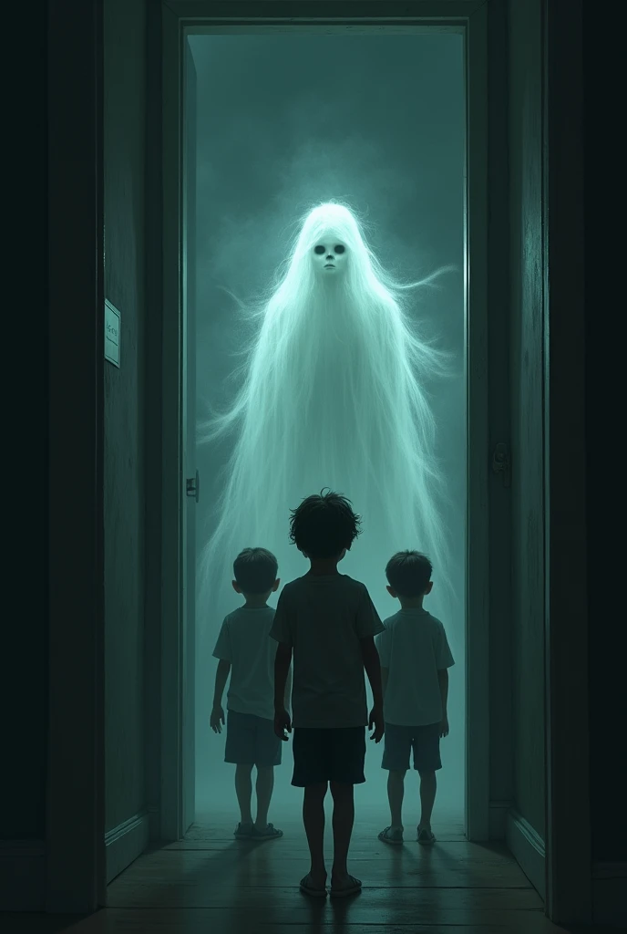 an incorporeal is following three boys in a dark room from behind 