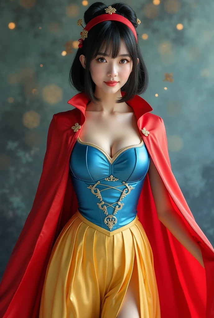 1girl, cute,, large breasts, narrow waist,wide hip,bob hair, bright eyes white fine skin,small mouth,slender, sexy pose silk blue corset, red white slashed puffer shoulder sleeves, silk yellow pleated skater silk skirt, white leggings, red hairband, red cape, maximum resolution, beautiful Alison Brie, ulzzang, beautiful sks woman, alison brie, photorealistic