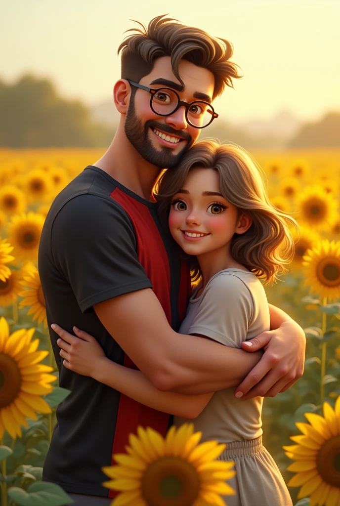 Generates an image of a teenage girl with shoulder length wavy light brown hair with big light brown eyes being hugged and watched by her big dad with short dark brown hair wearing square glasses with a shaved beard and a black and red thick vertical striped t-shirt in a field of sunflowers