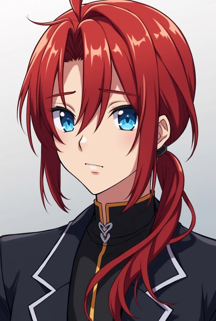 A red-haired man with medium-long, tied hair, blue eyes and marked features, anime man