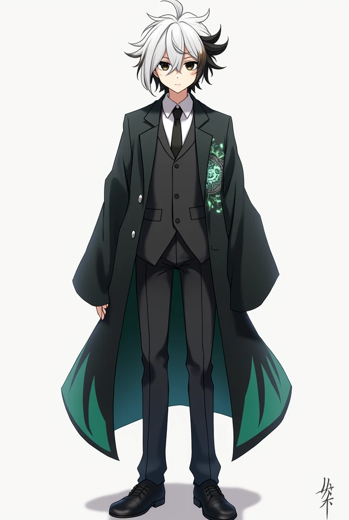 An anime character that has white scissor seven style hair with a black and brown colored quiff around the version with black and white colors, a suit with a black and green kimono around it with black and white eyes around it, medium long white hair that has the personality of Yukio from Soul of Yokai that looks nice that wears black shoes 
