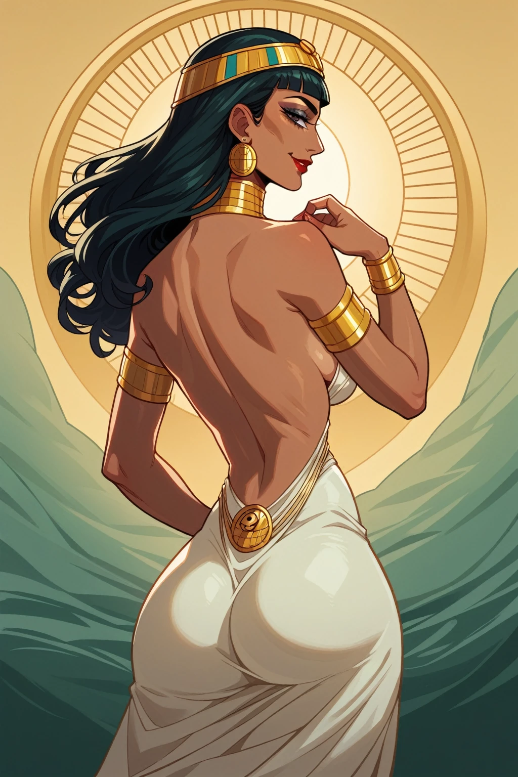 score_9, score_8_up, score_7_up, ultra realistic, Egyptian pyramid and river background , cleopatra milf, 38 year old, long decorated cleopatra dress, (back view), touch herself sensually, long dark weavy hair, red lips, sensual smile, medium breast, thick peachy ass, cleopatra jewlery, look at viewer, red sun light, 8k