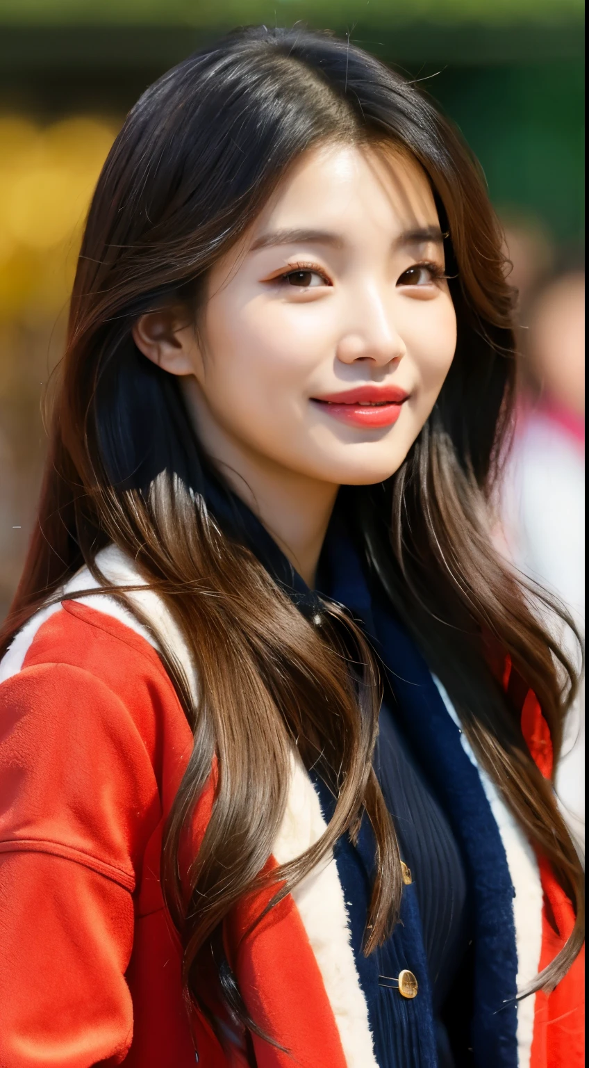 a close up of a woman with long hair wearing a red jacket, bae suzy, jaeyeon nam, lee ji - eun, lee ji-eun, gongbi, heonhwa choe, jinyoung shin, park ji-min, blackpink jennie, kim doyoung, kwak ji young, sun yunjoo, jiyun chae, korean artist