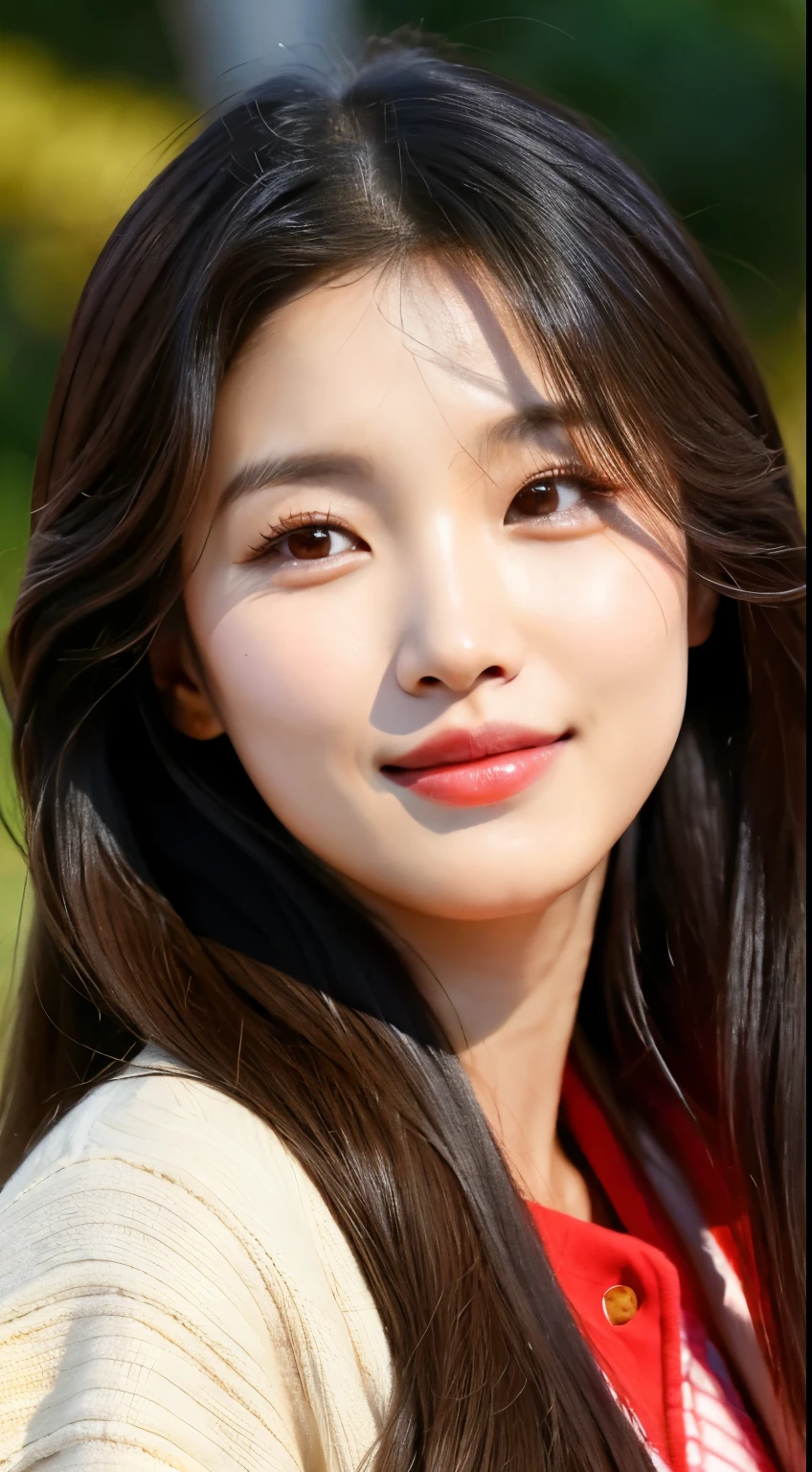 a close up of a woman with long hair wearing a red jacket, bae suzy, jaeyeon nam, lee ji - eun, lee ji-eun, gongbi, heonhwa choe, jinyoung shin, park ji-min, blackpink jennie, kim doyoung, kwak ji young, sun yunjoo, jiyun chae, korean artist
