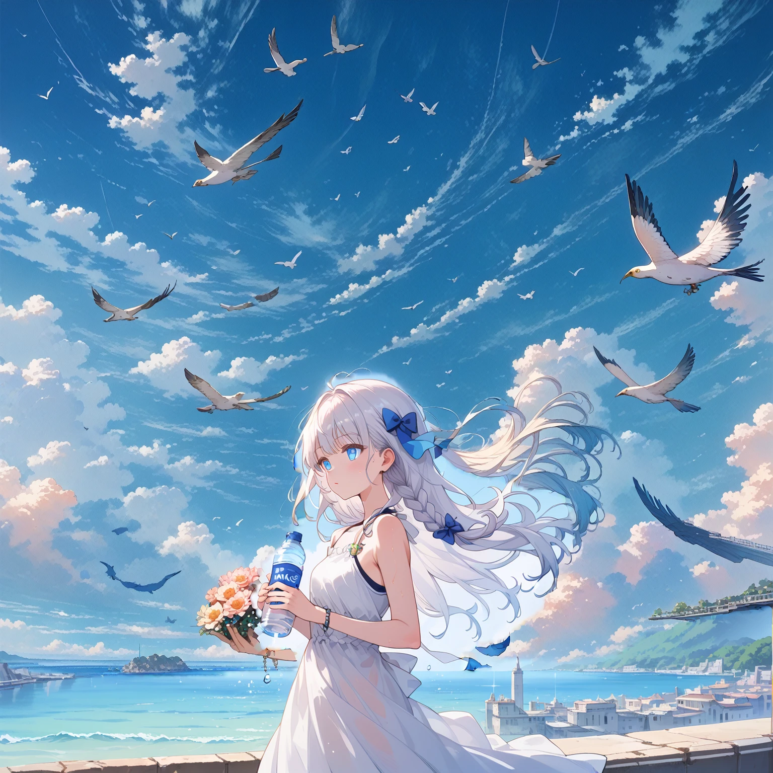 score_9_up, score_9, score_8_up, score_7_up, source_anime,masterpiece, best quality, high resolution, extremely detailed CG, absurdres, highres, beautiful blue_sky and clouds, some seagulls in the distance