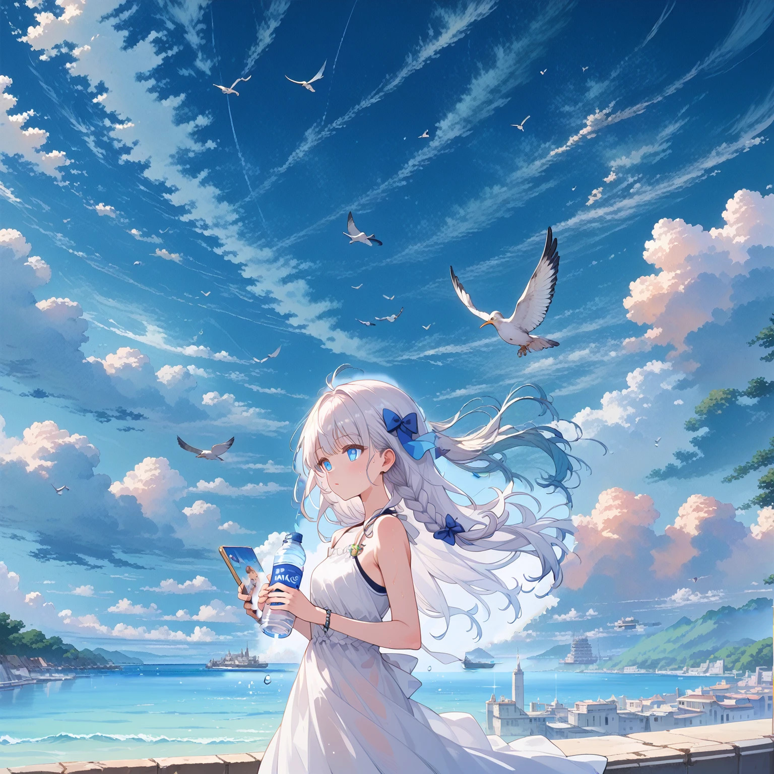 score_9_up, score_9, score_8_up, score_7_up, source_anime,masterpiece, best quality, high resolution, extremely detailed CG, absurdres, highres, beautiful blue_sky and clouds, some seagulls in the distance