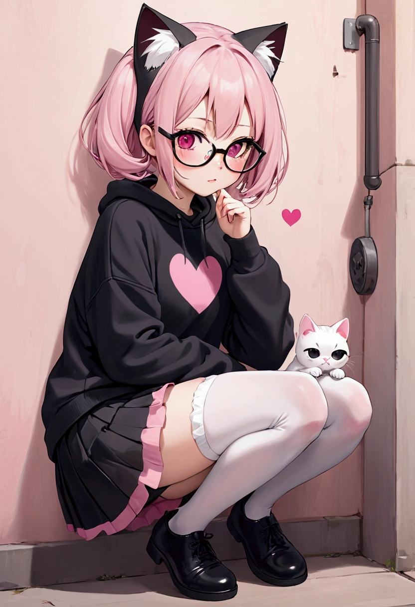 I have white pink hair, cat ears, a bun, my face is super blushing, black glasses, pink heart eyes, a big pink sweatshirt, a black skirt, black stockings, white shoes, a cat's tail, a girl. very shy that she is glued to a wall with her butt