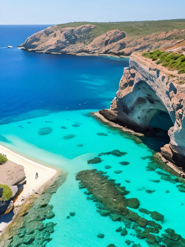 arafed view of a rocky cliff and clear blue water, by Alexis Grimou, turquoise water, by Tom Wänerstrand, view from the sea, island with cave, puddles of turquoise water, blue waters, turquoise ocean, red sea, incredibly beautiful, azure blue water, clear blue water, by Constantine Andreou, white stone arches, cyprus