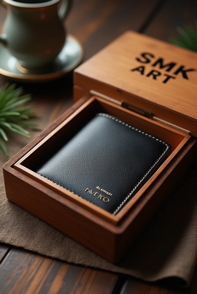 Make a poster in customized men's wallet with wodden box.and annd our company name inside box SMK Art