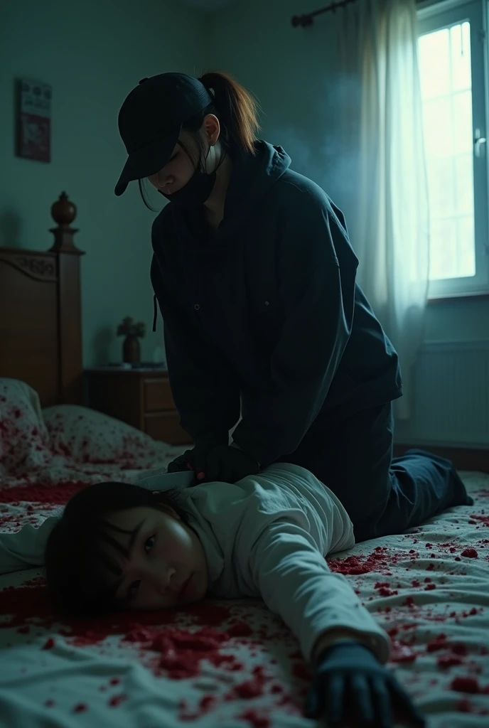 korean girl, (behind corpse, holding knife), black surgical mask, black gloves, room full of blood, black raincoat, trucker hat, holding knife, black gloves, woman on top, behind corpse, blood splatter, on the bed, mass murderer, killer, pony tail, blood splatter, dark atmosphere, cinematic lighting, atmospheric realistic, light from the window, close-up,
