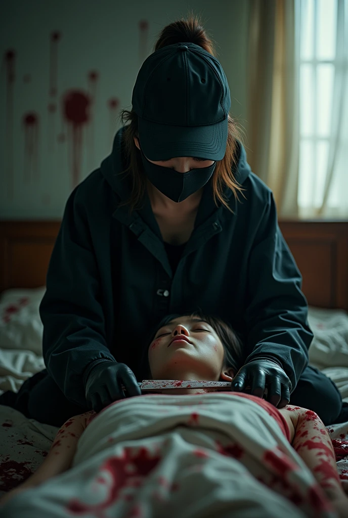 korean girl, (behind corpse, holding knife), black surgical mask, black gloves, room full of blood, black raincoat, trucker hat, holding knife, black gloves, woman on top, behind corpse, blood splatter, on the bed, mass murderer, killer, pony tail, blood splatter, dark atmosphere, cinematic lighting, atmospheric realistic, light from the window, close-up,