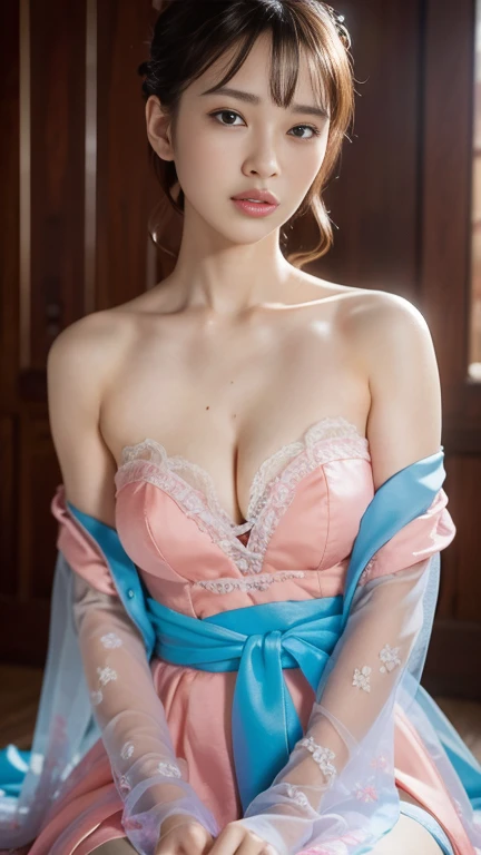8k, RAW Photo, Best Quality, Masterpiece: 1.2), (Realistic, Photo Realistic: 1.4), {{{1girl}}},, Depth of Field, Full Body, Cinematic Lighting, princess 18 years old cute, (small ,cleavage), Beautiful Facial Features, Beautiful Body, Sweating, , Depth of Field, Skin, Ears, Pale Skin, Best Quality, Masterpiece, Illustration, an extremely deciple and beautiful, extremely detailed,CG,unity,8k wallpaper,amazing,finely detail,master,best quality,official art,extremely detailed CG unity 8k wallpaper,ridiculous,incredibly ridiculous,huge file size, super verbose, high resolution, very verbose, Beautiful detailed girl, very detailed eyes and face, beautiful detailed eyes, light on face, (Hanfu: 1.1), lace silk thin, petticoat, white pink, blue