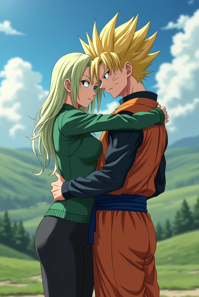 Tsunade Senju(Naruto Shippuden)Couples,son goku(dragon ball Z) staring at the viewer as they hug