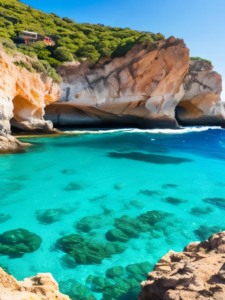 arafed view of a rocky cliff and clear blue water, by Alexis Grimou, turquoise water, by Tom Wänerstrand, view from the sea, island with cave, puddles of turquoise water, blue waters, turquoise ocean, red sea, incredibly beautiful, azure blue water, clear blue water, by Constantine Andreou, white stone arches, cyprus