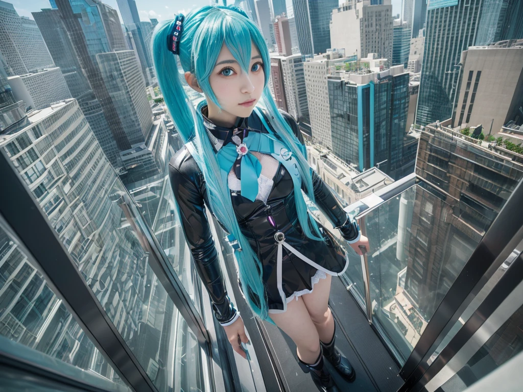 ((Colossal Titan Art、8k、Realistic、Hatsune Miku、Cosplay、Japanese women、Cosplayイヤー、Large Breasts、非常に緻密なColossal Titan Art、Much larger than a skyscraper、very small metropolis, Miniature metropolis, 靴の高さしかないMiniature metropolisで、Full body description、Walking、top view))、 (Alter ego art、8k、Realistic、Hatsune Miku、Cosplay、Japanese women、Cosplayイヤー、Large Breasts、非常に詳細なAlter ego art、hatsune-miku one girl clones, 1 girl is cloning)
