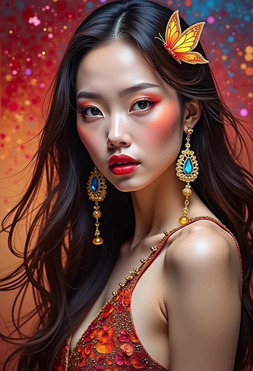 fashion shoot, beautiful goddess, perfect sweet face and eyes, Alcohol ink, splatter art, multicolor oil painting, Miki Asai Macro photography, long blowing hair, Fantastic Realism and Sharp Focus, Mysterious Filigree Elements, filigree red drops, filigree multicolored buterflies, Glowing Accents, fantasy art, watce, golden appear naturally, symmetrical, glowing crystals,Ceramic_Animal