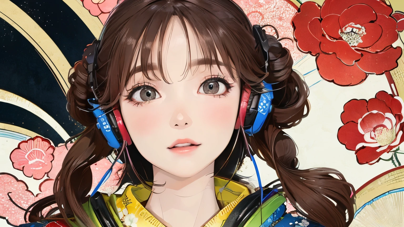 (Highest quality, 8k, masterpiece, High resolution), (whole body), Vibrant colors, (headphones, wearing headphones), Brown-black bob, Traditional topknot, Ample breasts, (Highly detailed face and eyes, Beautiful Face, Beautiful Eyes, Beautiful nose, Pretty lips), Official Art, Ukiyo-e style, (Beautiful woman in kimono), (Vivid floral patterned kimono), background, river, bridge, Mountain, wood, Starry Sky, moon, plum, Lantern, (close up),