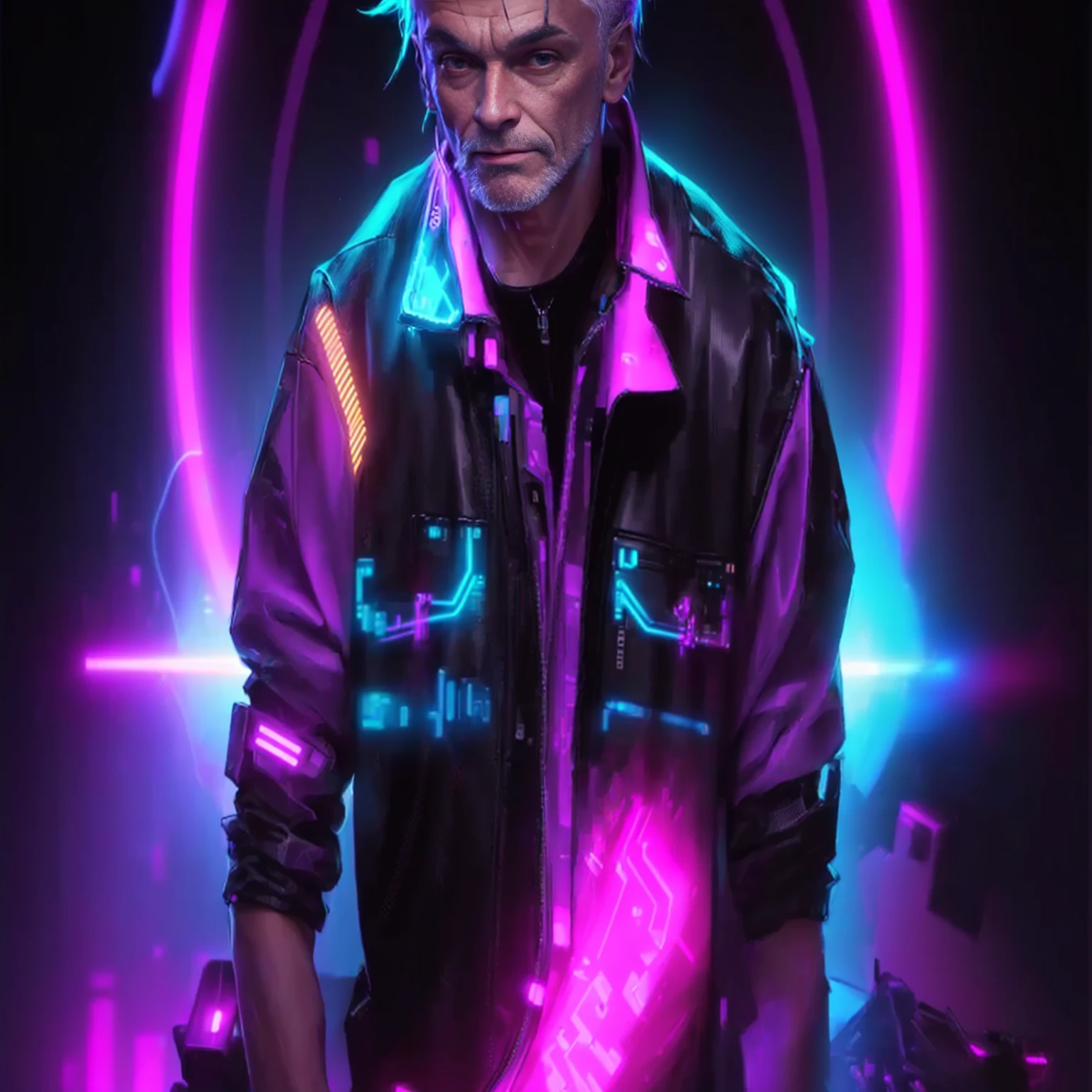 Image of a man in his 50s holding a neon light, Cyberpunk art style, Cyberpunk themed art, Cyberpunk artstyle, Cyberpunk Style, Bright Cyberpunk Glow, cyberpunk digital art, Cyberpunk Vibrant Colors, Cyberpunk art, Cyberpunk Digital Painting, neon cyberpunk, Cyberpunk Guy, Cyberpunk atmosphere, Cyberpunk Neon, Cyberpunk character art, Cyberpunk anime art, Neon lighting cyberpunk