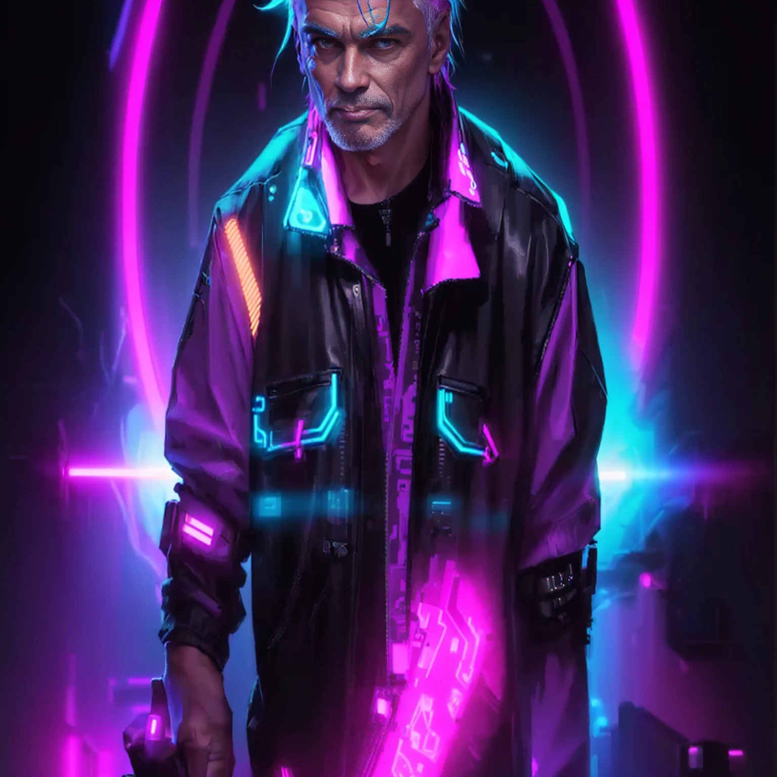 Image of a man in his 50s holding a neon light, Cyberpunk art style, Cyberpunk themed art, Cyberpunk artstyle, Cyberpunk Style, Bright Cyberpunk Glow, cyberpunk digital art, Cyberpunk Vibrant Colors, Cyberpunk art, Cyberpunk Digital Painting, neon cyberpunk, Cyberpunk Guy, Cyberpunk atmosphere, Cyberpunk Neon, Cyberpunk character art, Cyberpunk anime art, Neon lighting cyberpunk