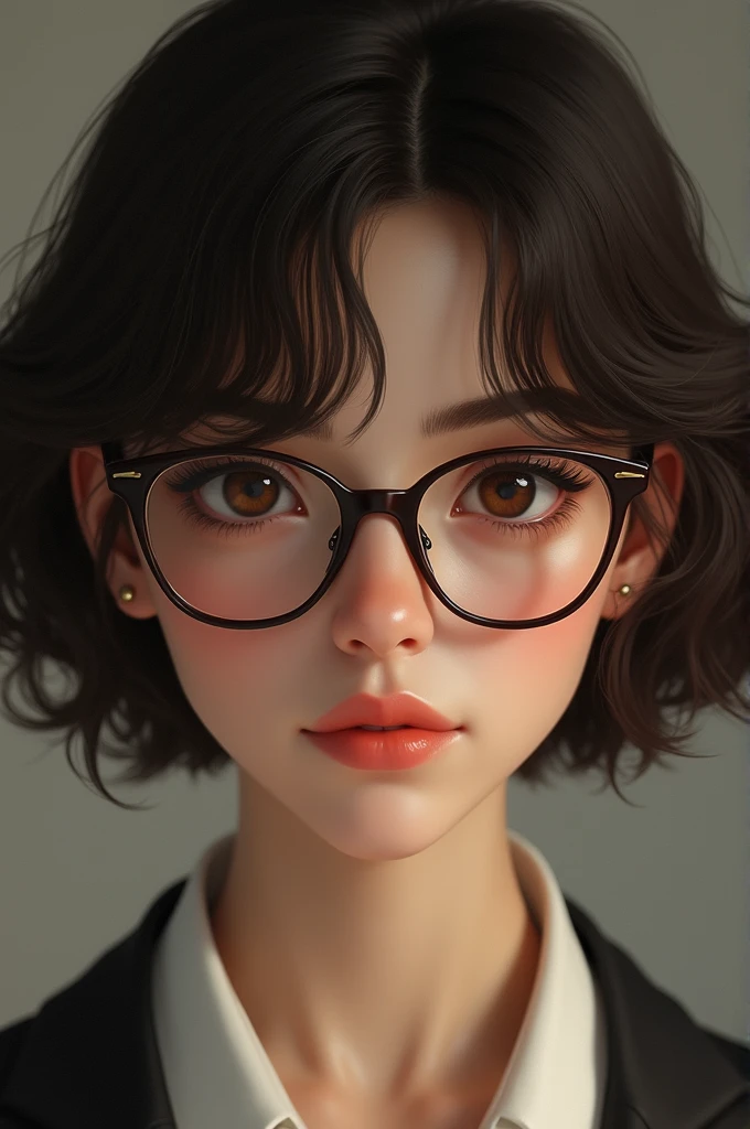 Brunette woman with short hair and glasses
