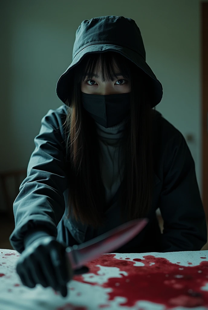 korean girl, (behind corpse, holding knife), black surgical mask, black gloves, room full of blood, black raincoat, bucket hat, looking at viewer, holding knife, black gloves, woman on top, behind corpse, blood splatter, on the bed, mass murderer, killer, long bangs, blood splatter, dark atmosphere, cinematic lighting, atmospheric realistic, light from the window, close-up,
