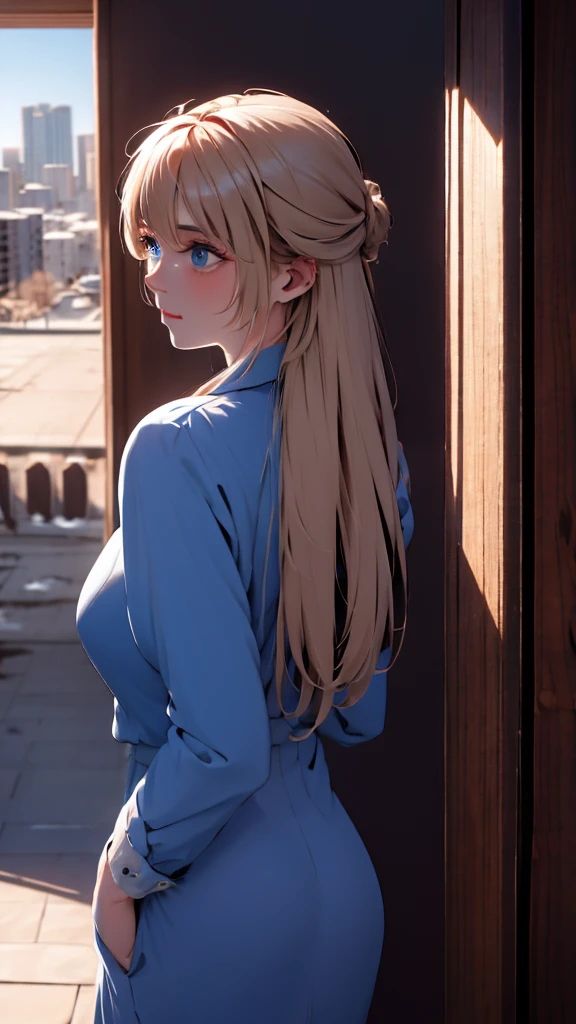 1 girl, medium light gold hair, light blue eyes, wearing black suit, city, absurdres, high res, ultrasharp, 8K, masterpiece, looking from behind
