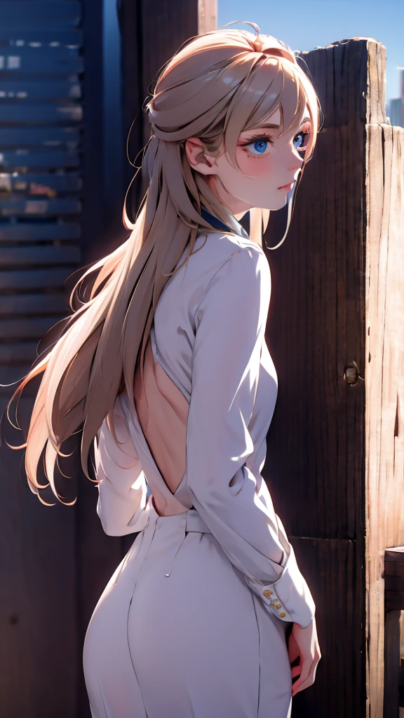 1 girl, medium light gold hair, light blue eyes, wearing black suit, city, absurdres, high res, ultrasharp, 8K, masterpiece, looking from behind