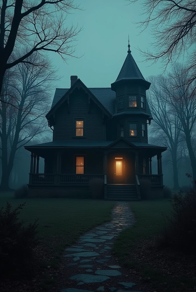 An old haunted bungalow  A dark night A shadow of a ghost